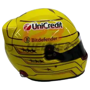 Full-scale replica of Lewis Hamilton’s 2025 Ferrari Formula 1 helmet, detailed collector’s display model.