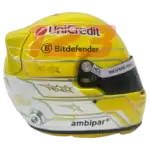 Full-scale replica of Lewis Hamilton’s 2025 Ferrari Monza Grand Prix helmet, detailed collector’s display model.