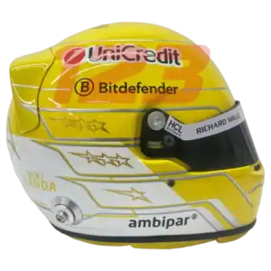 Full-scale replica of Lewis Hamilton’s 2025 Ferrari Monza Grand Prix helmet, detailed collector’s display model.