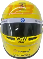 Full-scale replica of Lewis Hamilton’s 2025 Ferrari Monza Grand Prix helmet, detailed collector’s display model.