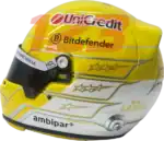 Full-scale replica of Lewis Hamilton’s 2025 Ferrari Monza Grand Prix helmet, detailed collector’s display model.