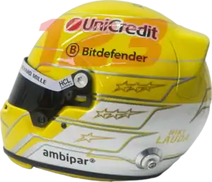 Full-scale replica of Lewis Hamilton’s 2025 Ferrari Monza Grand Prix helmet, detailed collector’s display model.