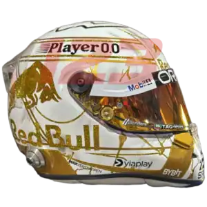 Full-scale replica of Max Verstappen’s “4 Titles” 2024 championship helmet, detailed collector’s display model.
