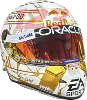 Full-scale replica of Max Verstappen’s “4 Titles” 2024 championship helmet, detailed collector’s display model.