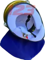 Full-scale replica of Max Verstappen’s “4 Titles” 2024 championship helmet, detailed collector’s display model.