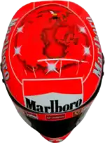 Full-scale replica of Michael Schumacher’s 2006 Formula 1 helmet, detailed collector’s display model.