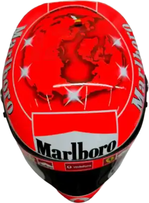 Full-scale replica of Michael Schumacher’s 2006 Formula 1 helmet, detailed collector’s display model.
