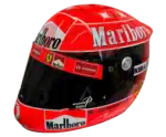 Full-scale replica of Michael Schumacher's 2002 Ferrari Formula 1 helmet, detailed collector's display model.