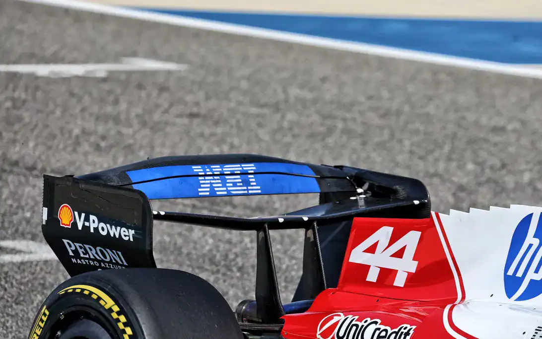 Close-up of Ferrari's rotating rear wing during 2026 Bahrain testing