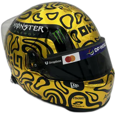 Lando Norris 2025 championship gold helmet replica — metallic gold base with papaya orange accents