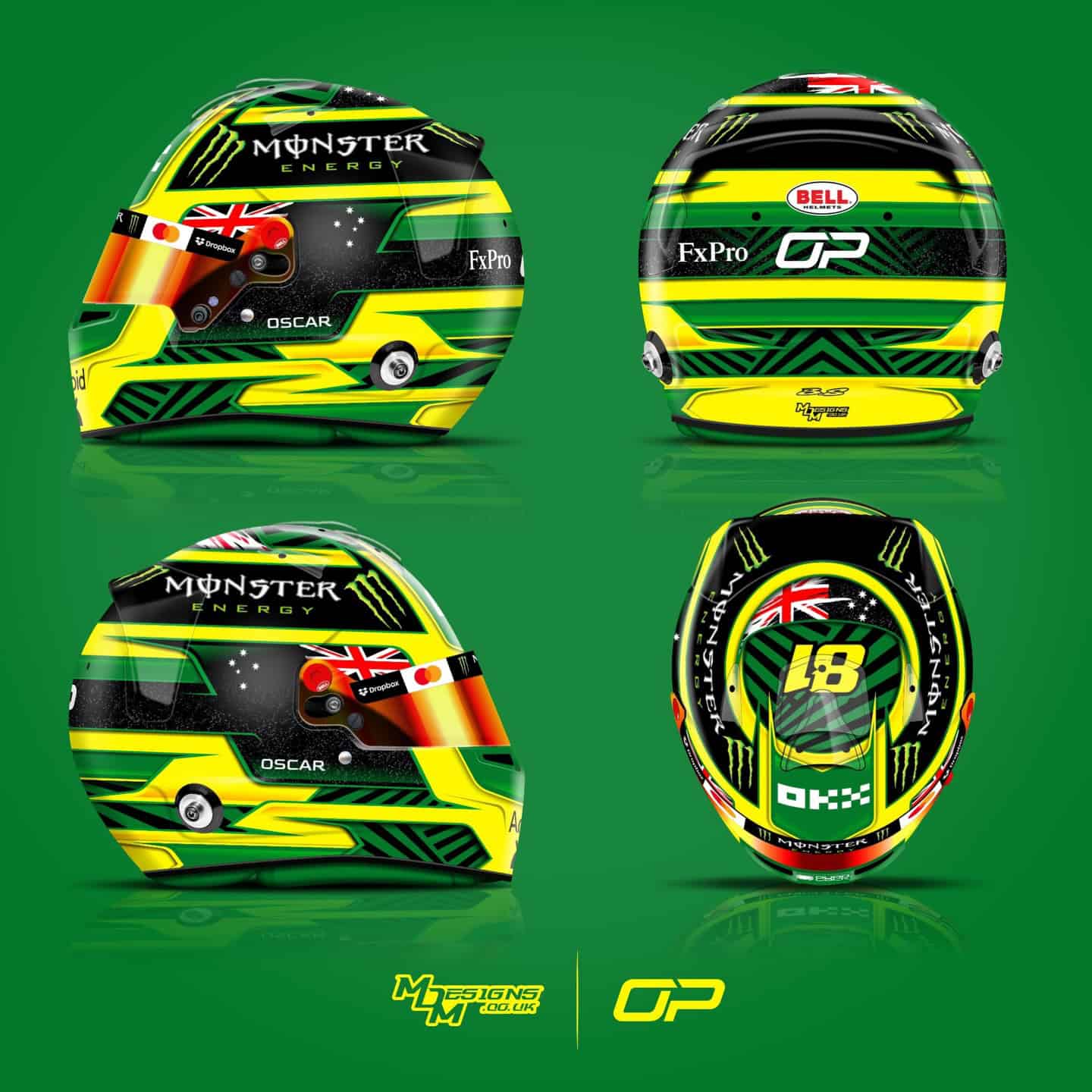 Spezialhelm-Design von Oscar Piastri Melbourne 2026 für den Großen Preis von Australien — grün-gelbe Lackierung, Vier-Ansichten-Render