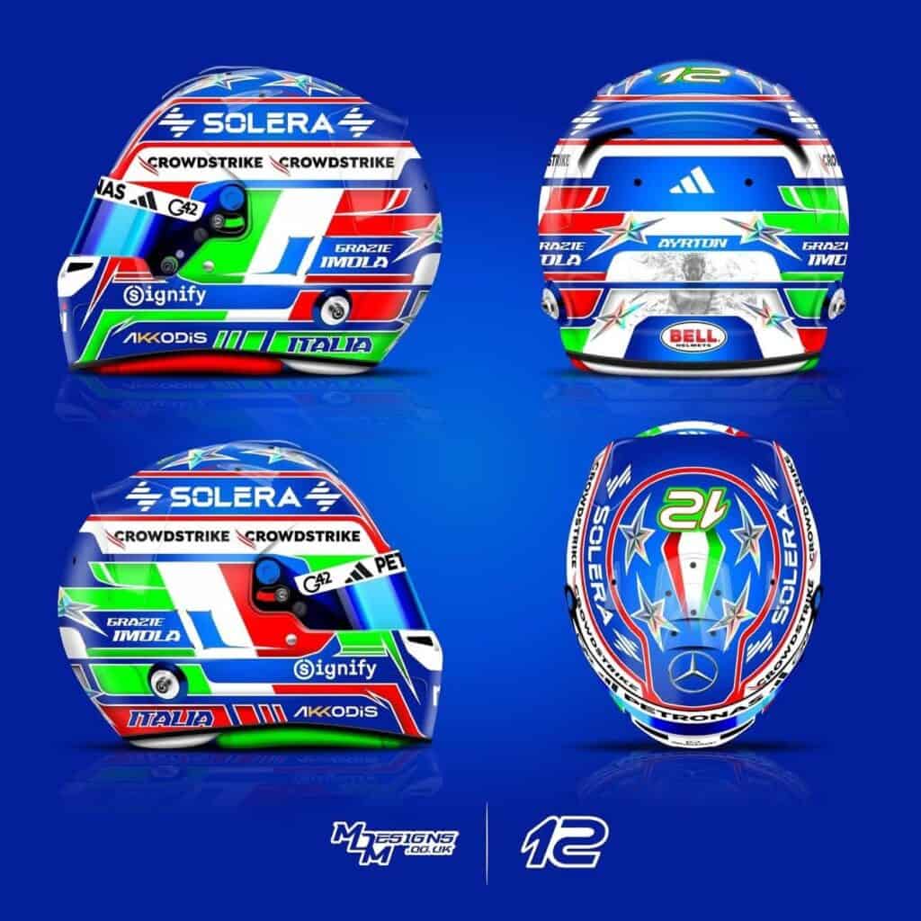 Kimi Antonelli Imola home race special edition helmet 2026, Mercedes F1, design by MDM Designs