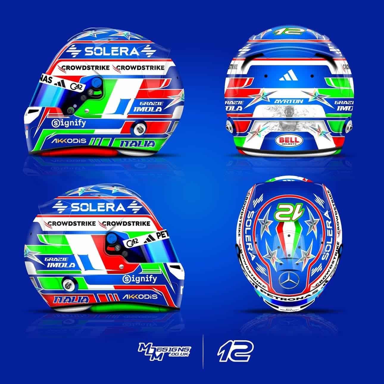 Kimi Antonelli Imola home race special edition helmet 2026, Mercedes F1, design by MDM Designs