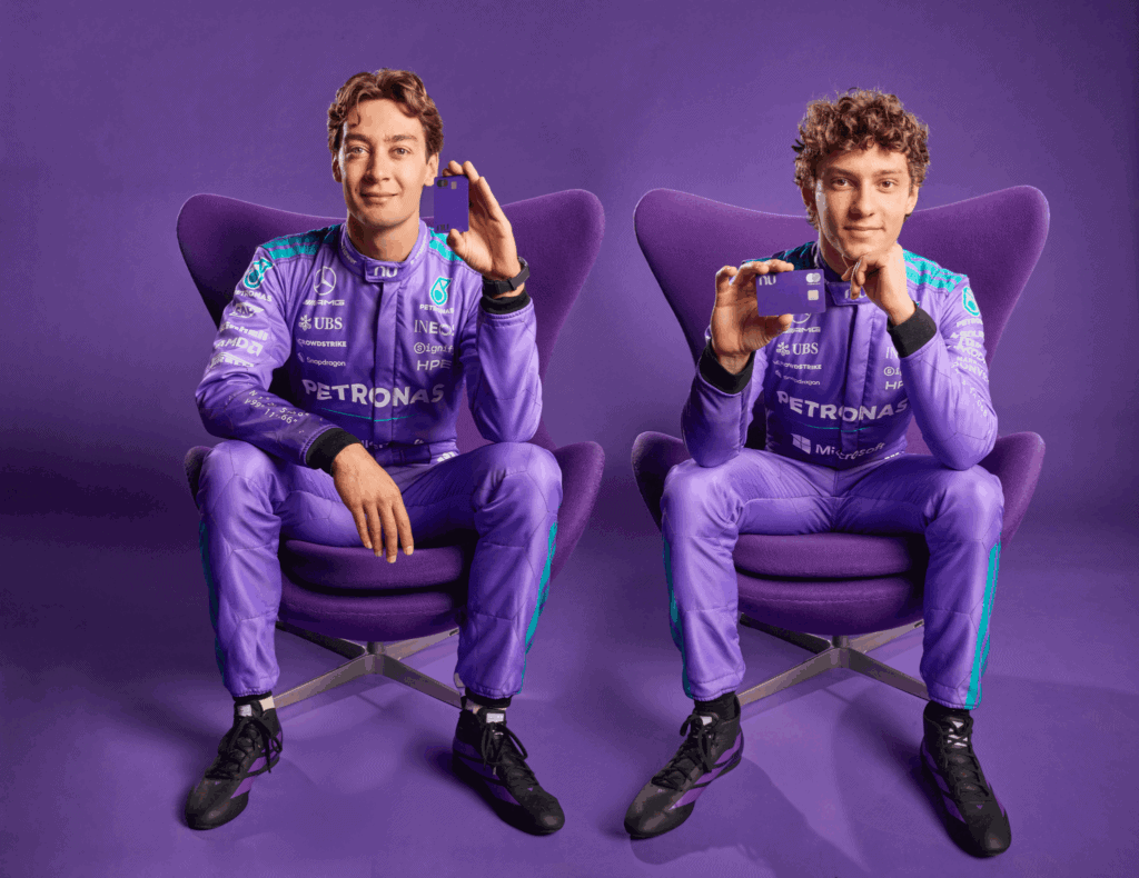 George Russell and Kimi Antonelli unveiling Mercedes-AMG Petronas F1 purple race suits for Miami GP 2026 with Nu partnership
