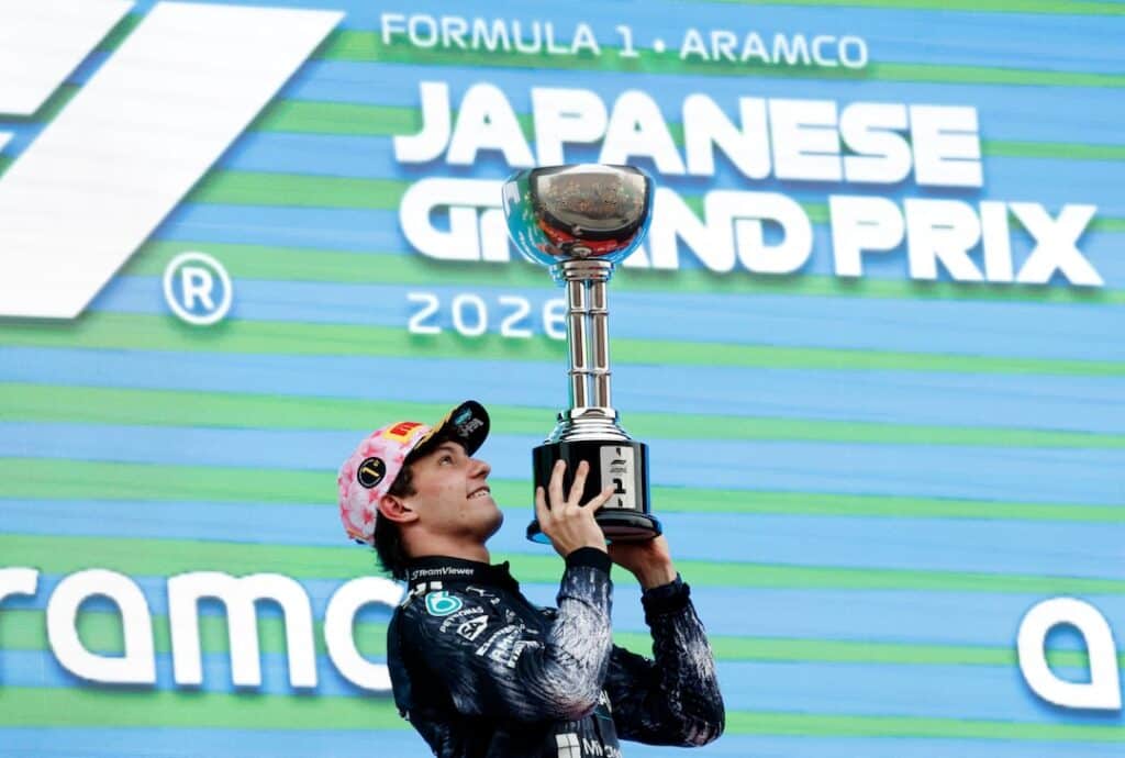 Kimi Antonelli celebrates on the Suzuka podium after winning the 2026 Japanese Grand Prix for Mercedes