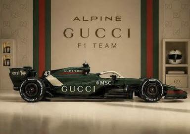 Speculative concept render of a Gucci-liveried Alpine F1 car — unconfirmed, unofficial fan mock-up