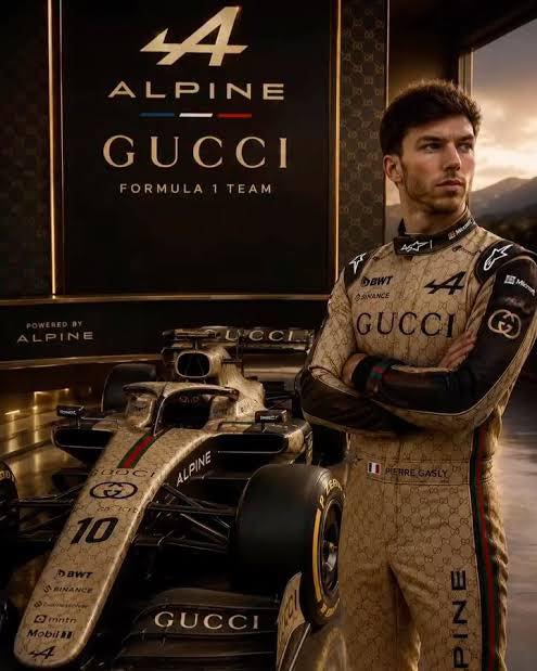 Speculative concept of Pierre Gasly in Gucci-themed Alpine gear — unconfirmed, unofficial fan mock-up