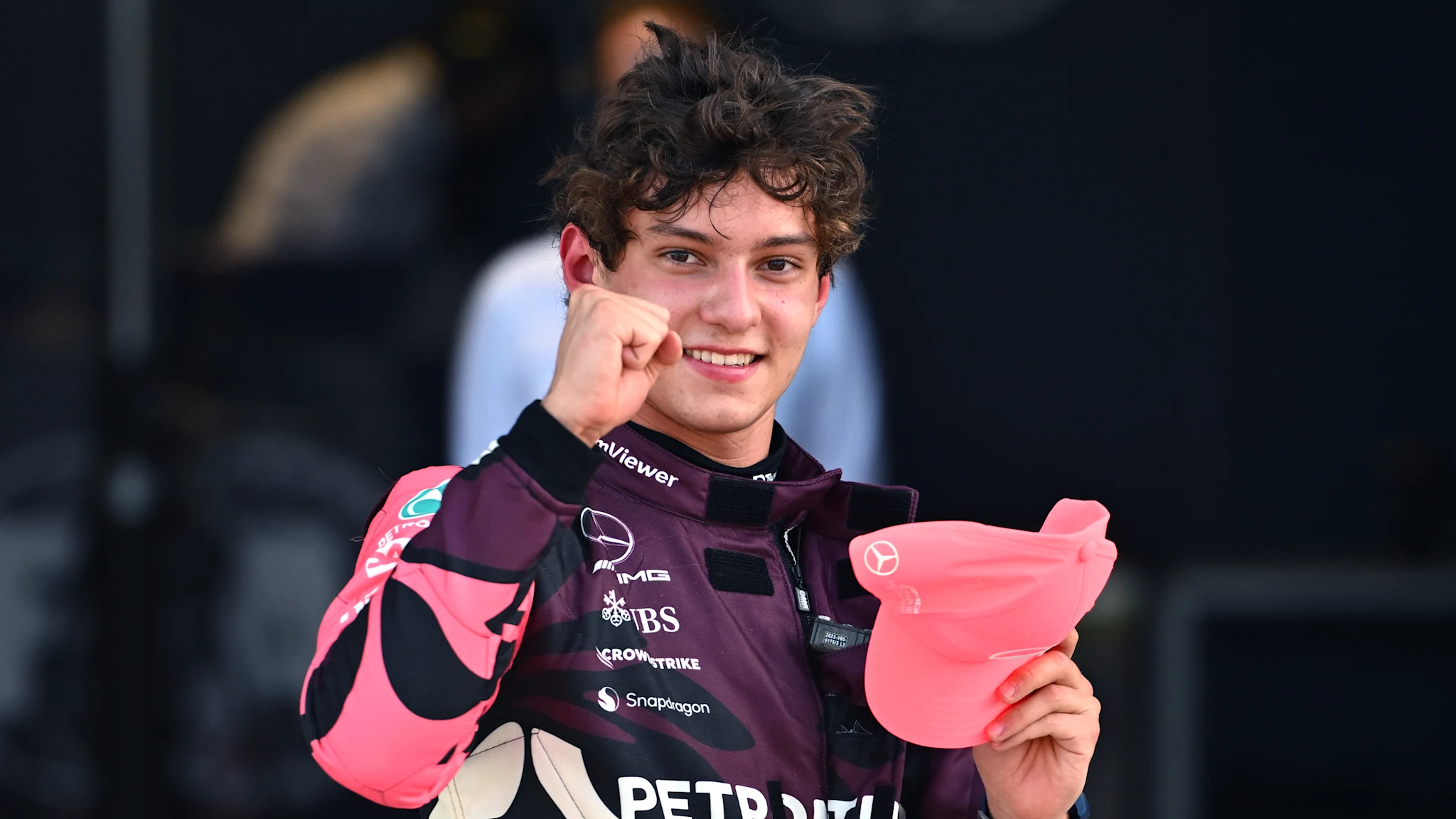 Andrea Kimi Antonelli's Mercedes helmet displayed in close detail following his maiden Sprint Qualifying pole at the 2025 Miami Grand Prix.
