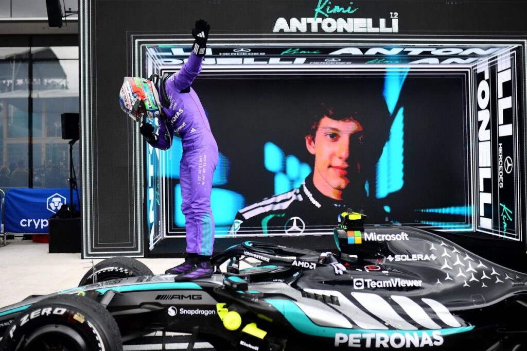 Andrea Kimi Antonelli celebrates on the Miami GP podium in Mercedes colours after defeating Lando Norris to claim victory at the 2026 Formula 1 Miami Grand Prix.