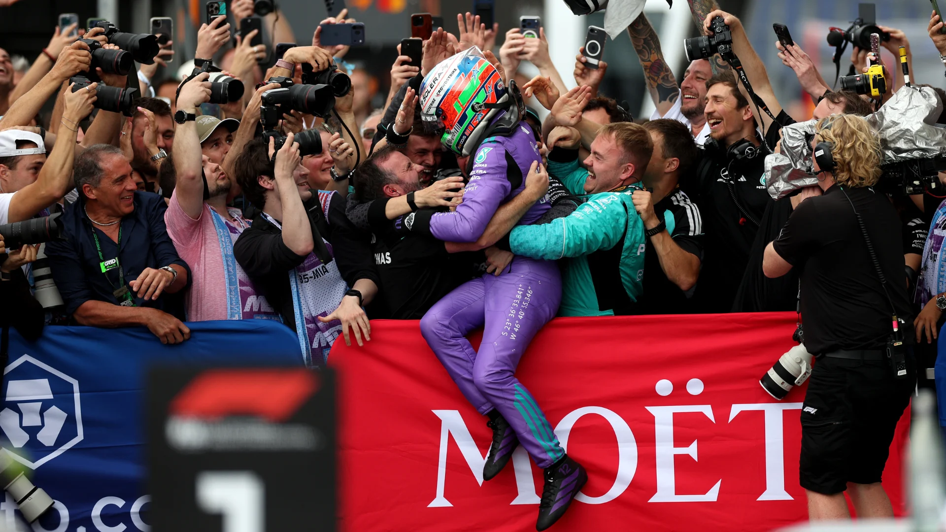 Andrea Kimi Antonelli celebrates his 2026 Miami Grand Prix victory after a pole-to-flag drive