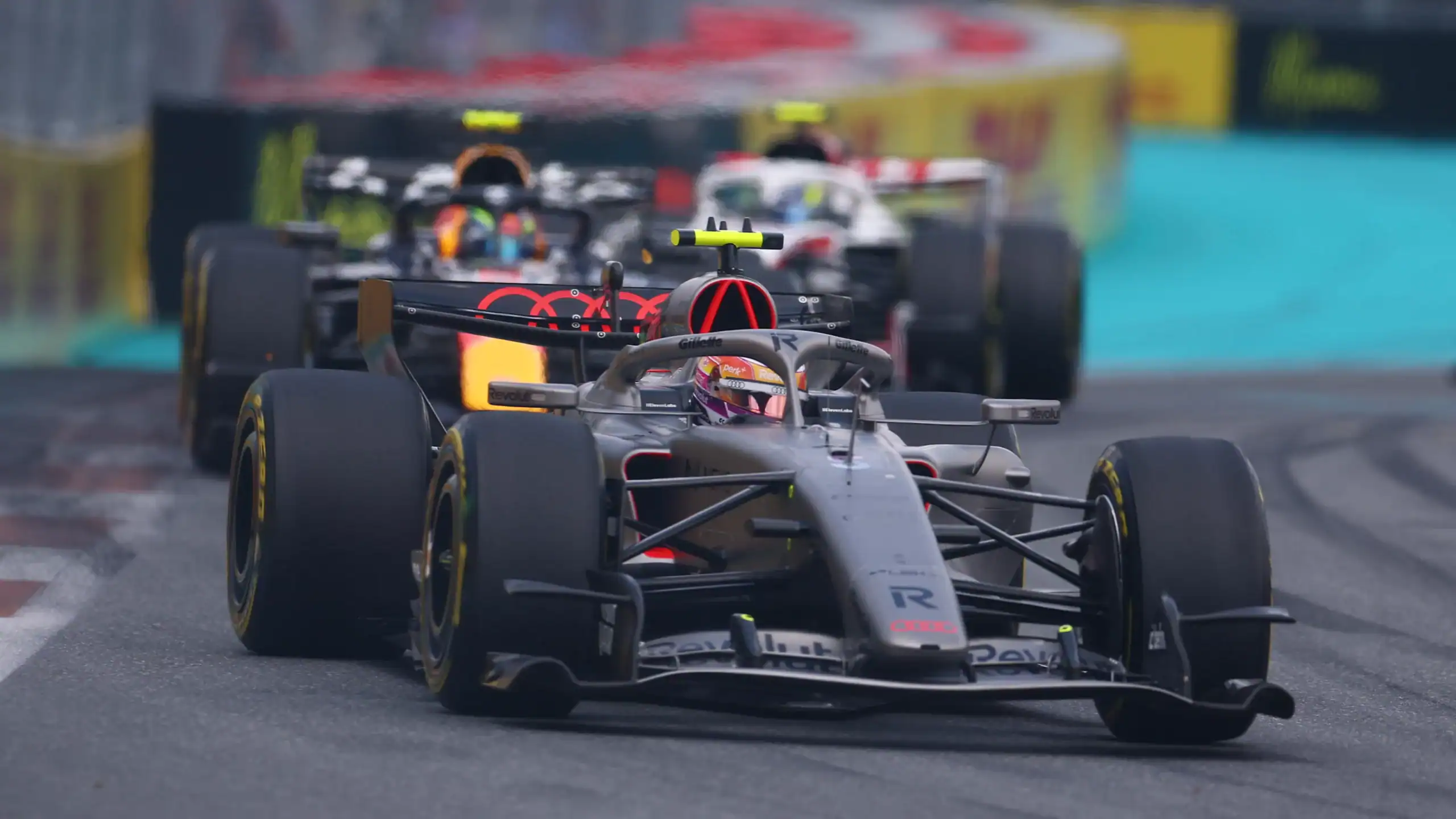 Gabriel Bortoleto driving the Audi R26 on track during the 2026 Miami Grand Prix weekend