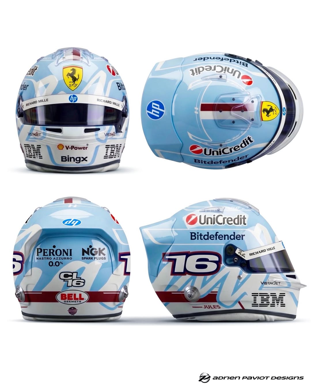Charles Leclerc 2026 F1 Miami GP Helm — Multi-Ansicht von Adrien Paviot Designs (Ferrari-Design, BingX, Peroni Nastro Azzurro, NGK, Bell, JB17, CL16)