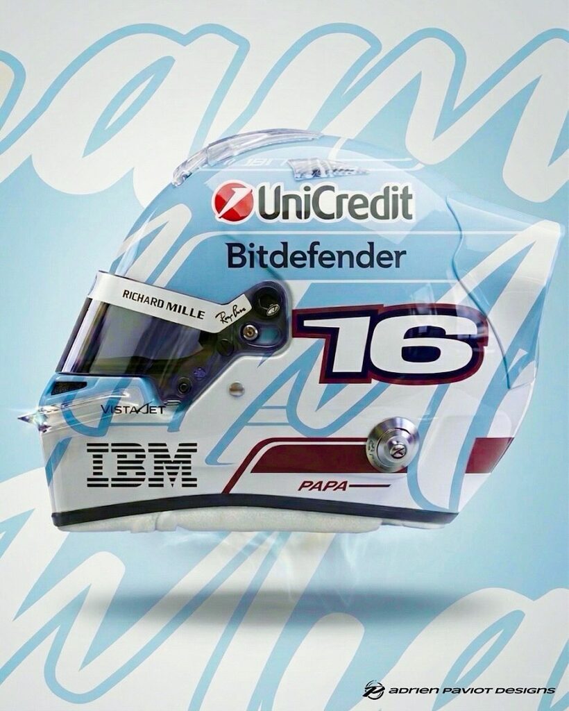 Charles Leclerc 2026 F1 Miami GP helmet — Light Blue Ferrari livery by Adrien Paviot Designs (UniCredit, Bitdefender, Richard Mille, IBM, JB17 tribute)