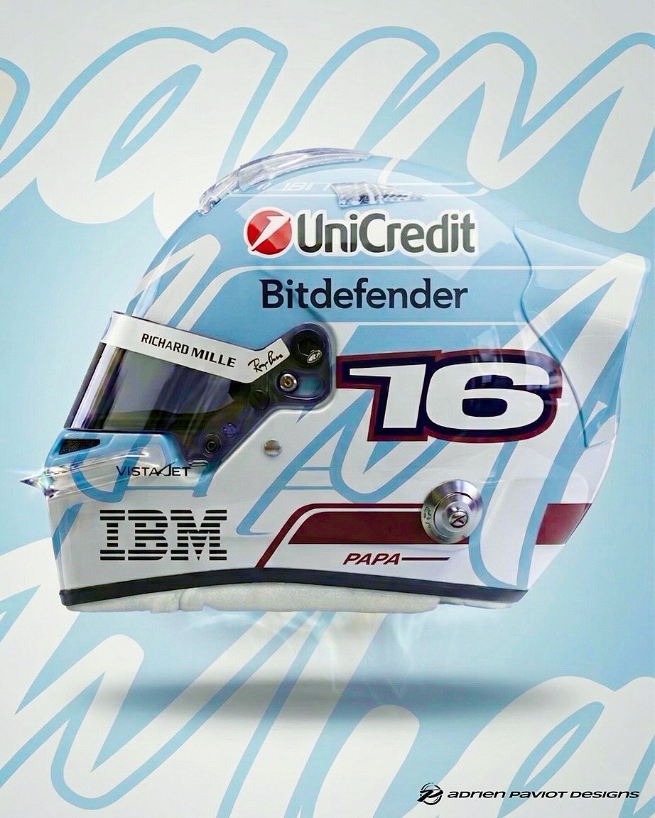 Charles Leclerc 2026 F1 Miami GP helmet — Light Blue Ferrari livery by Adrien Paviot Designs (UniCredit, Bitdefender, Richard Mille, IBM, JB17 tribute)