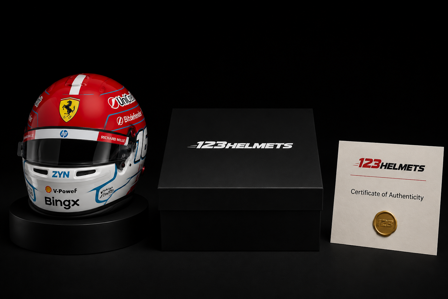 F1 replica helmet 2026 on display stand with branded packaging box and authentication document — Tier 2 collector display piece