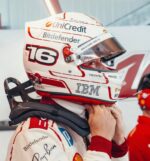 Charles Leclerc's red and egg-white classic Monaco Grand Prix Ferrari helmet (2026) — display/collector reference image (detail)