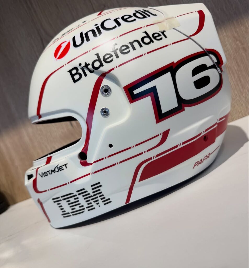 Charles Leclerc's red and egg-white classic Monaco Grand Prix Ferrari helmet (2026) — display/collector reference image (side, #16)