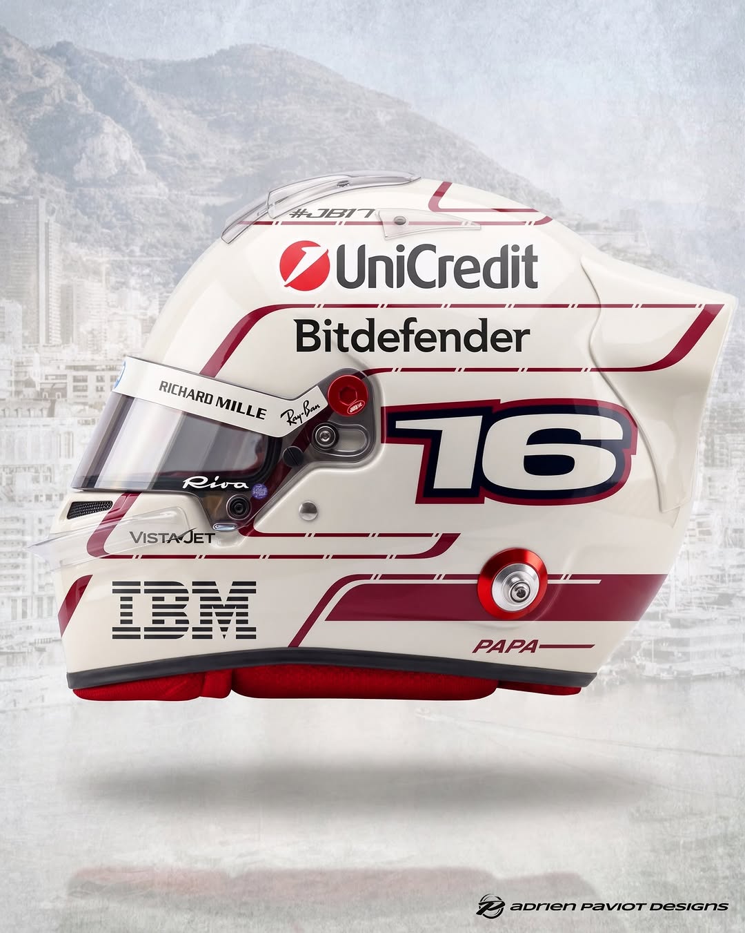 Charles Leclerc's special Ferrari helmet for the 2026 Monaco Grand Prix — cream-and-red livery with #16 (display/collector replica, race day 7 June 2026)
