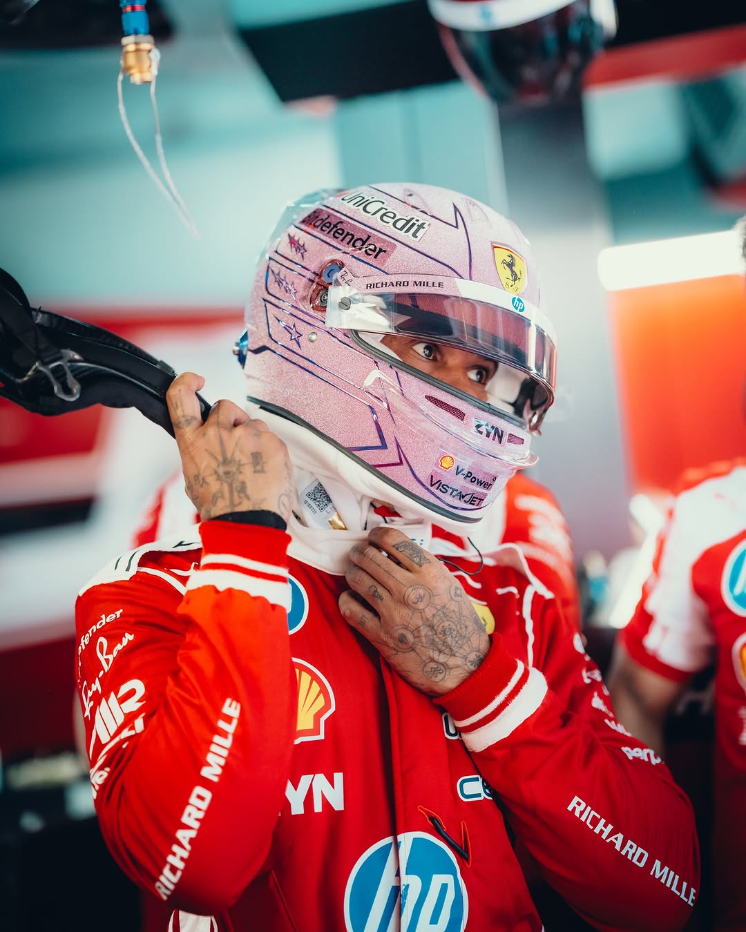Lewis Hamilton 2026 Monaco GP Ferrari pink crystal helmet Lewis Hamilton's pink crystal Ferrari helmet for the 2026 Monaco Grand Prix — display/collector reference image (front)