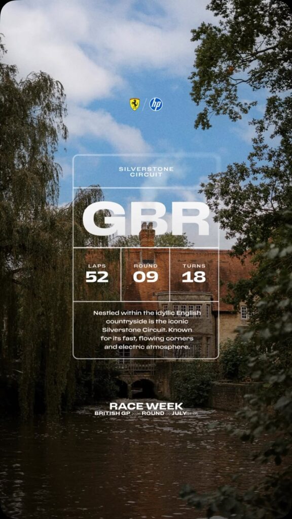 Video by Scuderia Ferrari HP on June 29, 2026. May be a graphic of poster, screen and text that says 'SILVERSTONE CIRCUIT GBR LAPS 52 ROUND 09 TURNS 18 Nestled within the idyllic English countryside the countrysideistheiconic iconic Silverstone Circuit. .Known for foritsfast,flowingcomers flowingcomet fast, fast. flowing corners S and electric atmosphere. RACEWEEK RACE WEEK BRITISHGP HGP GP ROUND JULYoe JULY'.