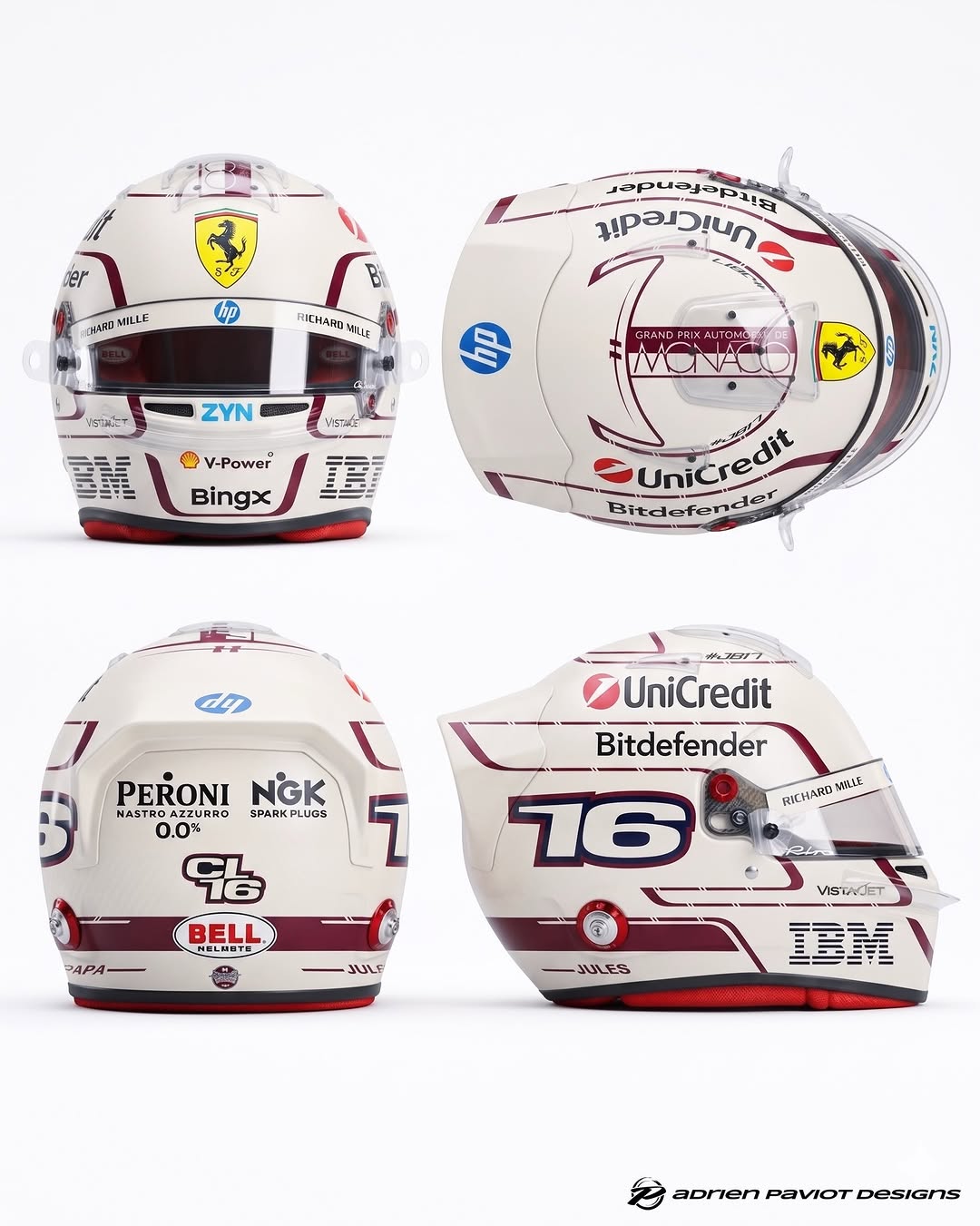 El casco especial Ferrari crema y rojo de Charles Leclerc para el Gran Premio de Mónaco 2026, visto de frente, desde arriba, por detrás y de lado (réplica de exposición/colección)