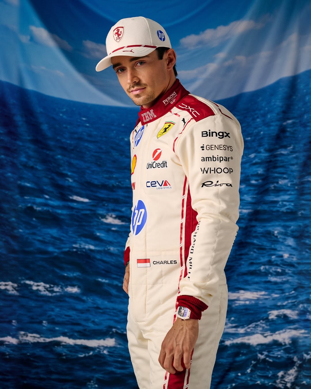 Charles Leclerc's 2026 Monaco Grand Prix special-edition look — Bianco off-white base with red accents