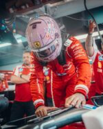 Lewis Hamilton's pink crystal Ferrari helmet for the 2026 Monaco Grand Prix — display/collector reference image (detail)