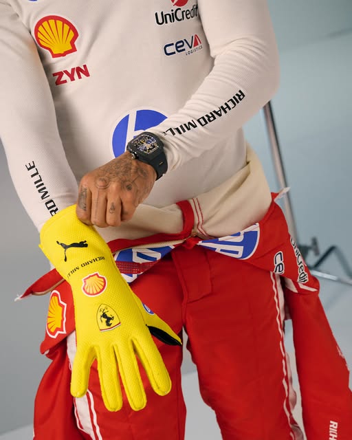 Lewis Hamilton's bright-yellow Puma gloves with Richard Mille, Shell and Ferrari shield, 2026 British GP