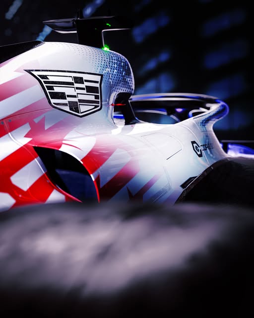 Cadillac F1 2026 British GP American livery — engine-cover detail with the Cadillac crest and flag stripes