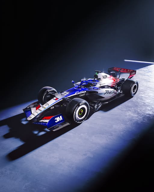 Cadillac F1 2026 British GP special American stars-and-stripes livery — white, blue and red car, front three-quarter view