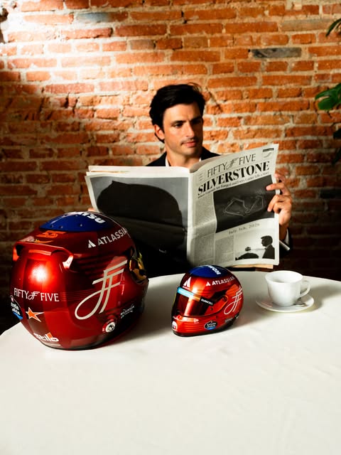 Carlos Sainz reveals his 2026 British GP helmet with a British afternoon-tea theme and a mock Silverstone newspaper