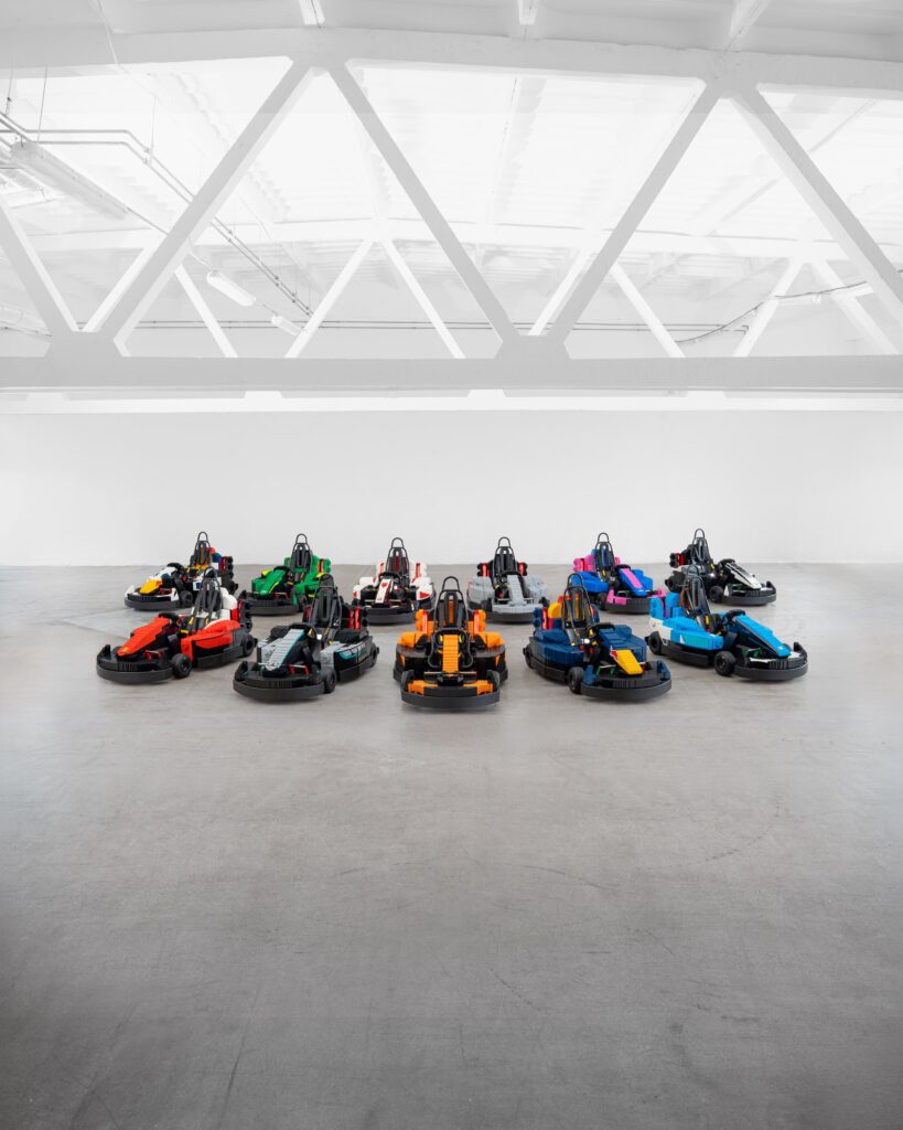 The full fleet of team-liveried life-size LEGO Formula 1 cars built for the 2026 British Grand Prix drivers' parade at Silverstone.