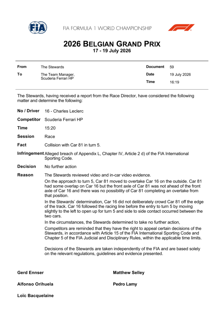 FIA stewards document — Doc 59 - Decision - Car 16 - Collision with Car 81 in turn 5 — Belgian Grand Prix 2026