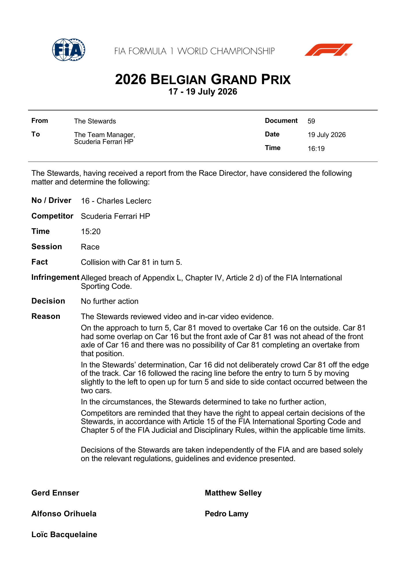 FIA stewards document — Doc 59 - Decision - Car 16 - Collision with Car 81 in turn 5 — Belgian Grand Prix 2026