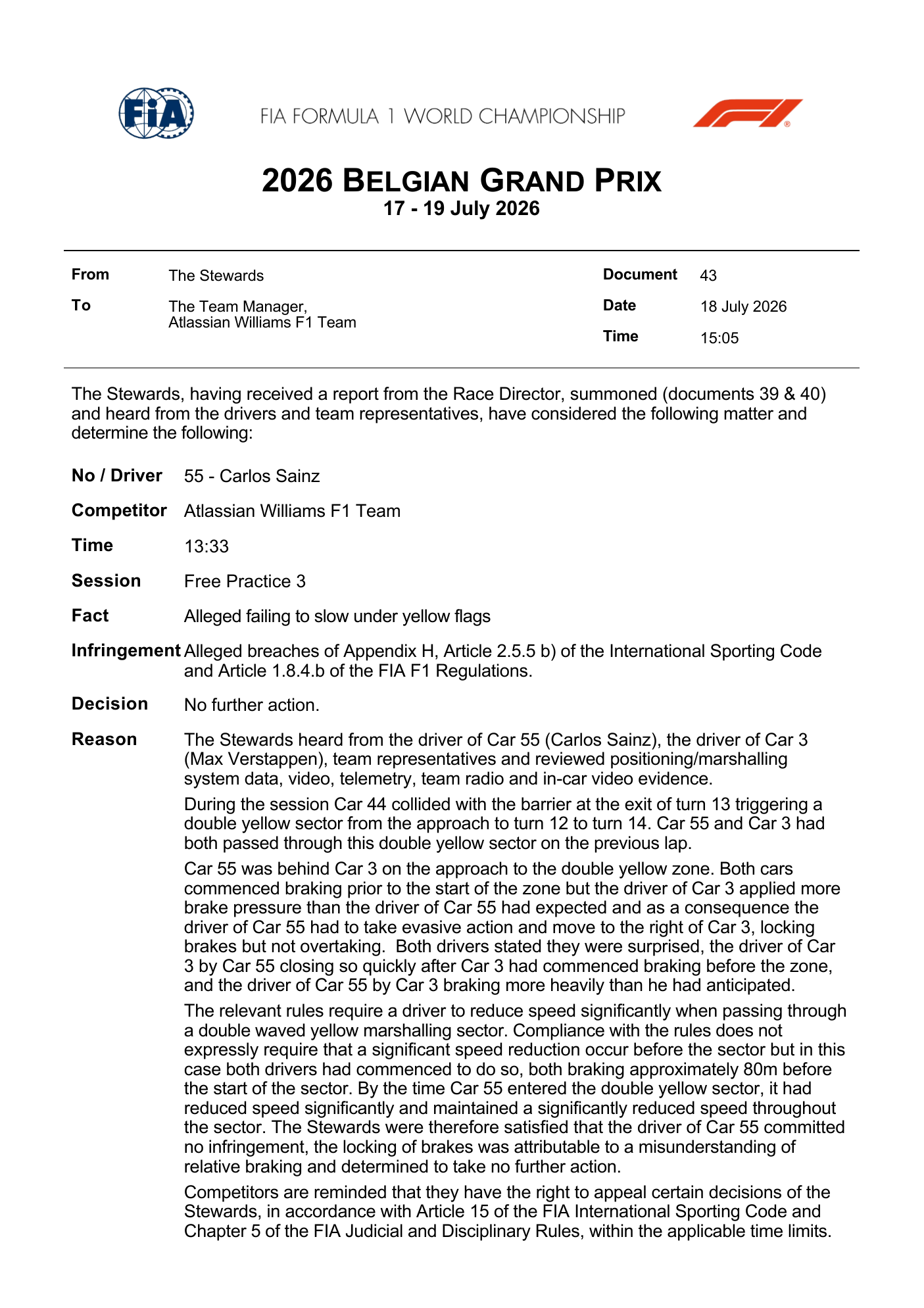 FIA stewards document — Doc 43 - Decision - Car 55 - Alleged failure to slow for double yellow flags — Belgian Grand Prix 2026