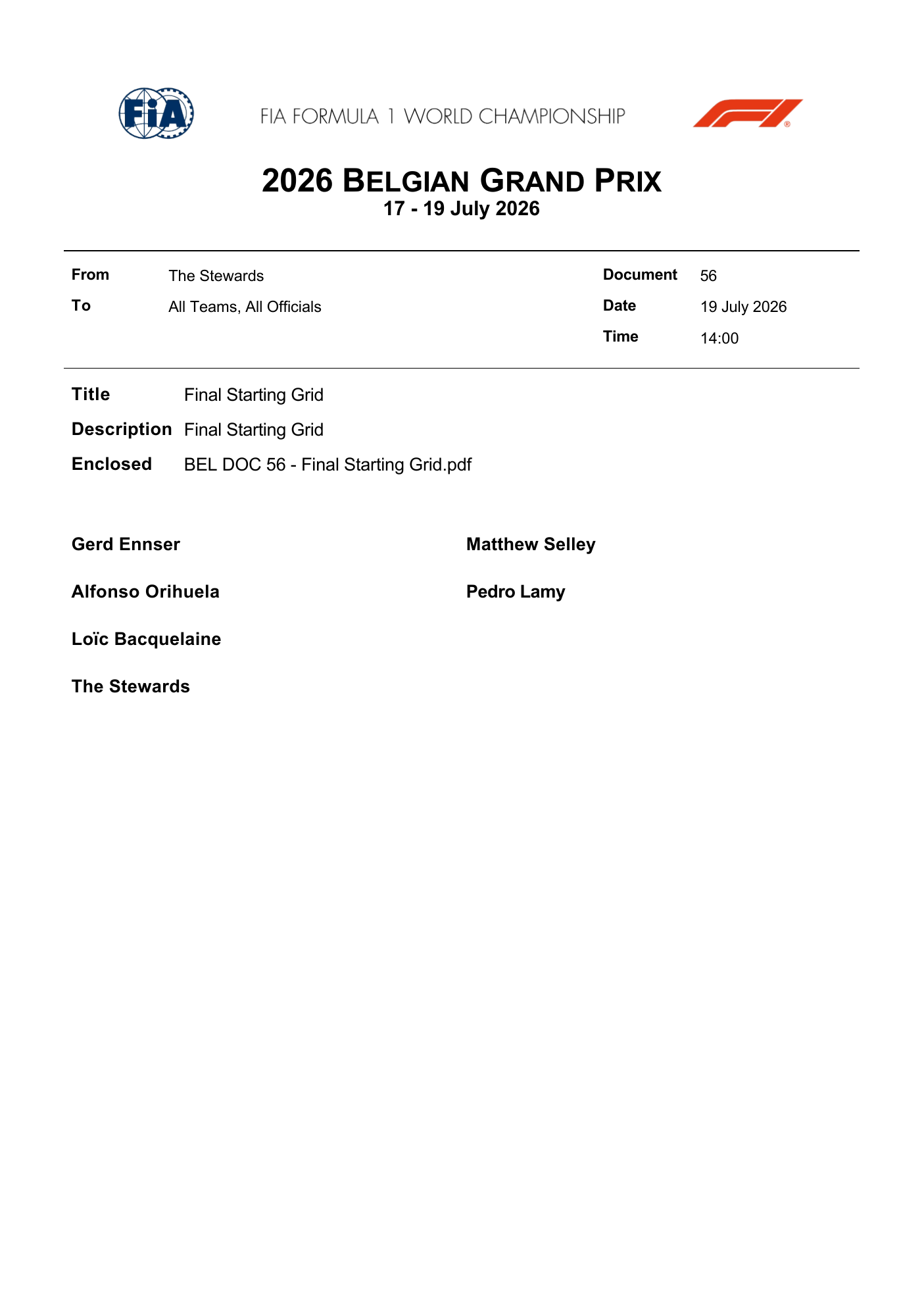 Documento de comisarios de la FIA — Doc 56 - Parrilla de Salida Final — Gran Premio de Bélgica 2026