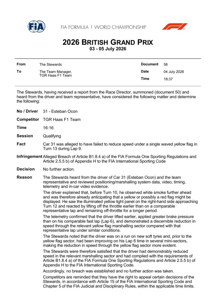 FIA Doc 58: Car 31 Yellow Flag Ruling, British GP 2026