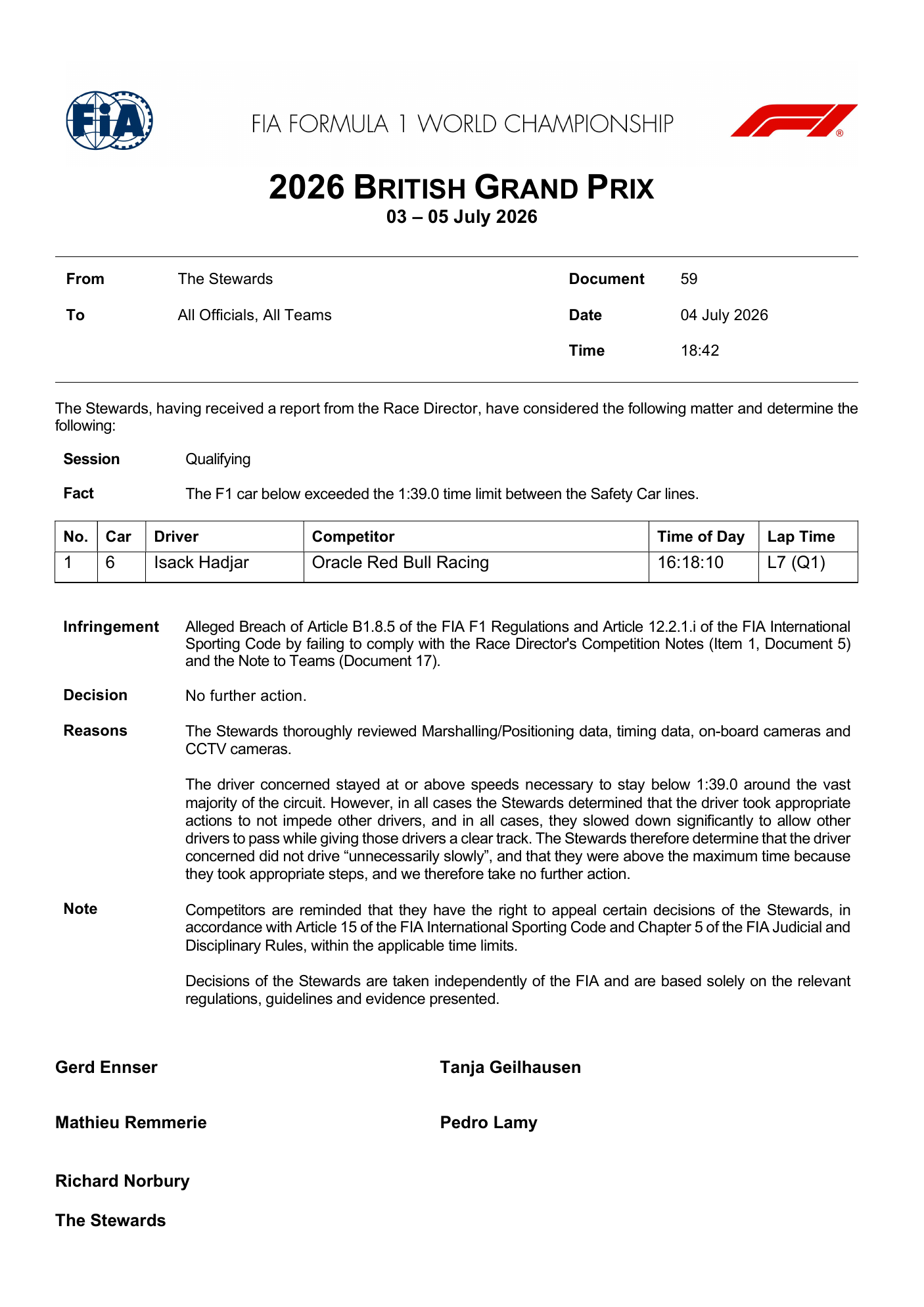 Documento de decisión de los comisarios de la FIA