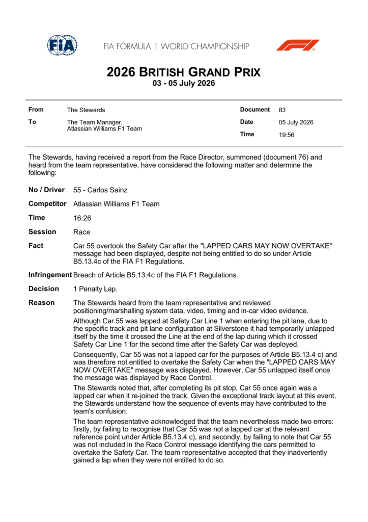 FIA stewards document — Doc 83 - Infringement - Car 55 - Overtaking the Safety Car — British Grand Prix