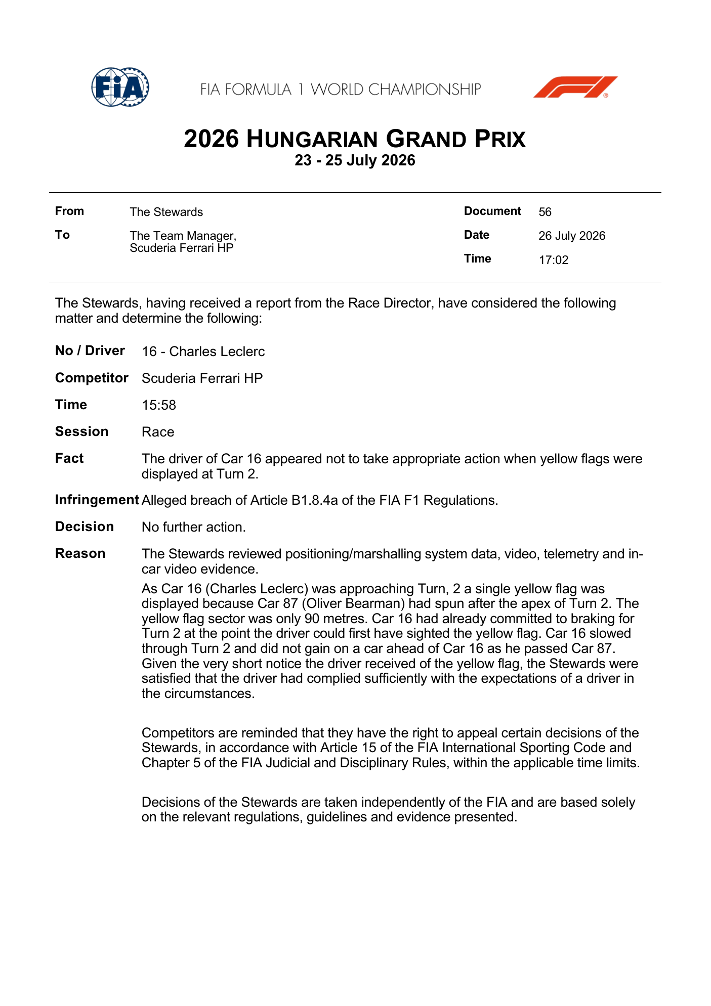 FIA stewards document — Doc 56 - Decision - Charles Leclerc - Alleged failure to slow for yellow flags — Hungarian Grand Prix 2026